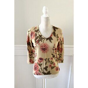 Dressbarn Petite Tan Rose Embellished Sweater With 3/4 Sleeves